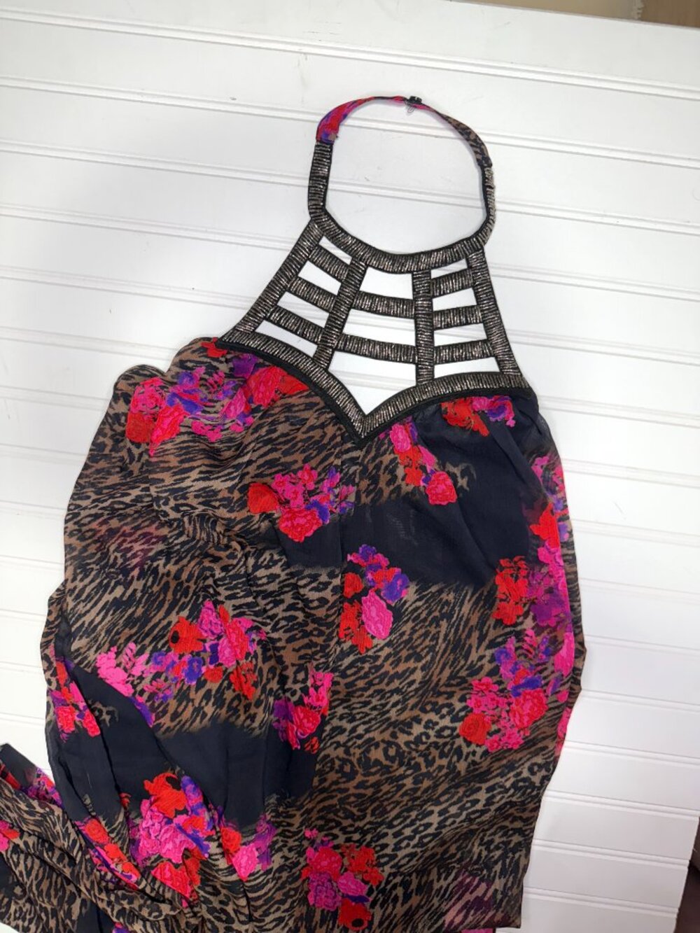 Venus Backless Halter Jumpsuit Floral Leopard Print Beaded Neck Size M - Picture 5 of 10
